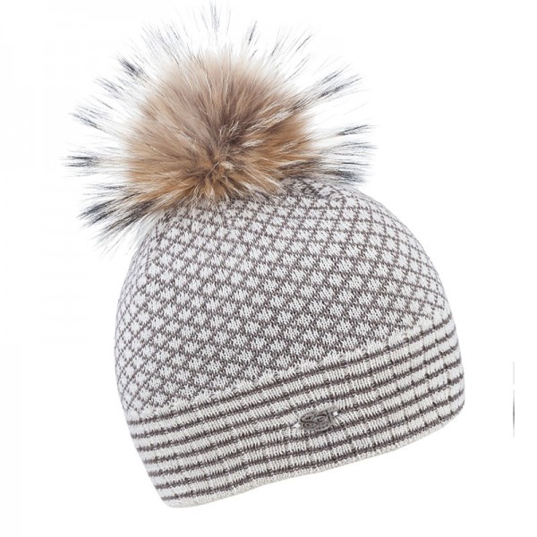 Zimní čepice s kožešinovou bambulí a retro vzorem pletení, BÁRA