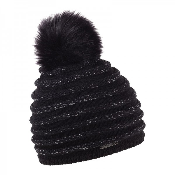 Zimní čepice s kožešinovou bambulí, pletenými pruhy a lurexem, DIANA